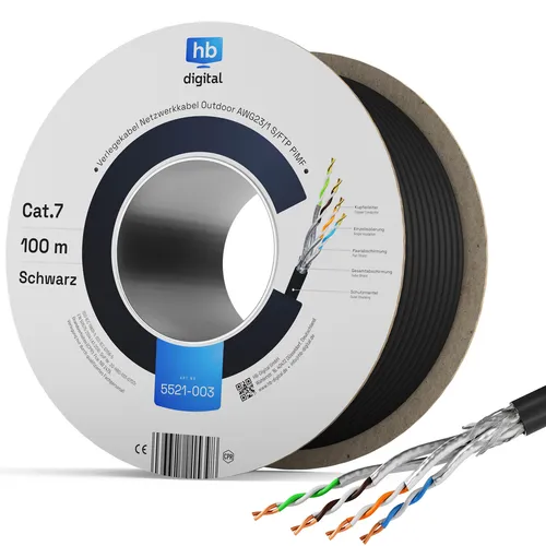 hb-digital CAT 7 Außen Verlegekabel 100m - Netzwerkkabel, ideal für Outdoor-Installationen mit bis zu 10 Gbit/s Übertragungsgeschwindigkeit und UV-beständigem PE-Mantel für höchste Witterungsbeständigkeit.