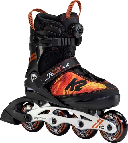 K2 SK8 HERO BOA ALU Inline Skate 2025 - Schwarz/Orange, Größe 32-37 - Kids Skates mit verstellbarem Design, K2 Original SoftBoot für hohen Komfort und Boa Verschlusssystem für perfekte Anpassung am Fuß.