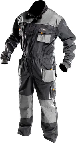 NEO TOOLS Arbeitsoverall Profi Arbeitsjacke Latzhose XL - Robuster Arbeitsoverall aus 35 % Baumwolle und 65 % Polyester, mit verstärkten Taschen, Ellbogen und reflektierenden Elementen für optimale Sichtbarkeit.
