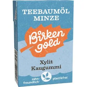 Birkengold Kaugummis Natur, Teebaumöl & Minze, zur Zahnpflege, zuckerfrei, Schachtel mit 20 Dragees