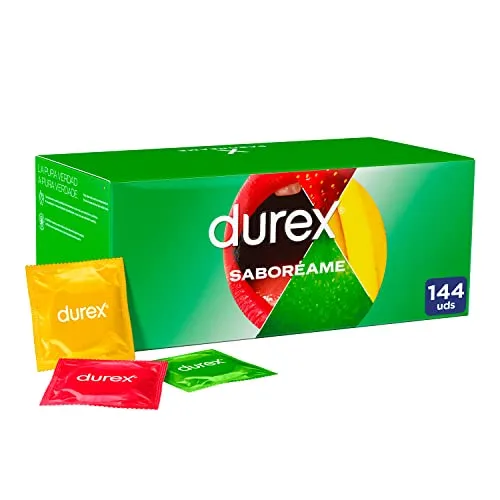 Durex Kondome Probieren Sie mich, fruchtige Aromen für zusätzlichen Spaß, Erdbeere, Banane, Orange und Apfel, 144 Kondome