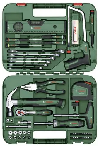 Bosch Home and Garden 1600A02ZB3 Werkzeugset - 64-teiliges Handwerkzeuge Set für fortgeschrittene Heimwerker, inklusive Bügelsäge, Schraubendrehern und mehr. Ergonomisches Design für komfortable Handhabung und robuster Koffer für einfache Lagerung.