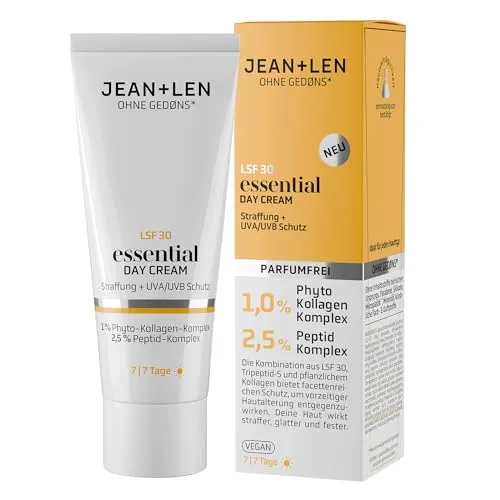 Jean & Len Essential Day Cream – Vegane Tagescreme mit LSF 30 - Die Jean & Len Essential Day Cream ist eine vegane, parfümfreie Tagescreme, ideal für jeden Hauttyp. Sie bietet zuverlässigen Lichtschutz und unterstützt die Hautpflege mit pflanzlichem Kollagen für ein strahlendes Hautbild.