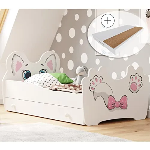 Kids Collective Kinderbett 80x160 cm mit Matratze und Schublade - Motiv Katze - Hochwertiges Kinderbett aus stabilen MDF-Holz, inklusive atmungsaktiver Matratze und praktischer Schublade für Ordnung. Ideal für Kinder von 3 bis 10 Jahren.