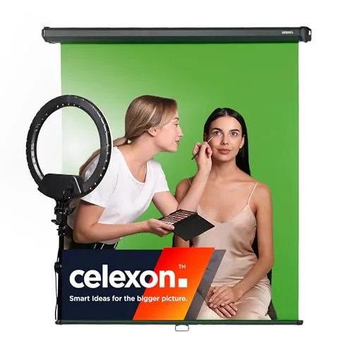 celexon Greenscreen Rollo-Leinwand 110" | 200x190cm für Streaming & Homeoffice - Beamer-Leinwände mit flexibler Formatfreiheit für spontane Videoanrufe und Social Media Content. Knitterfreies Polyester-Gewebe sorgt für optimale Farbverteilung und Schallabsorption.