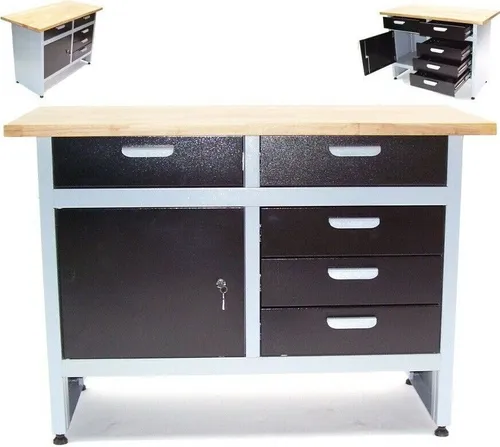 Werkbank Werktisch mit 5 Schubladen und Staufach 06255 - Robuste XL Werkbank mit 5 kugelgelagerten Schubladen und 30mm Holzarbeitsplatte. Ideal für jede Werkstatt, bis 300 kg belastbar und höhenverstellbar für optimalen Komfort.
