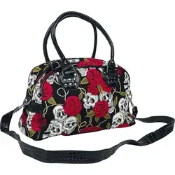 Banned Alternative Handtasche Damen Skulls And Roses schwarz - Gothic Handtasche aus 100% Baumwolle mit Totenkopf-Design, ideal für Rockwear und lässige Styles. Perfekt für modebewusste Frauen!