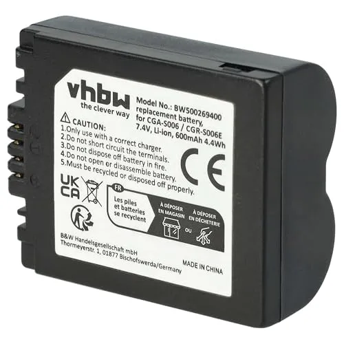 vhbw Akku kompatibel mit Panasonic Lumix DMC-FZ8, DMC-FZ7 Kamera (600 mAh, 7,2 V, Li-Ion)