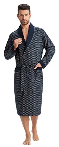 LEVERIE edler und hochwertiger Morgenmantel für Herren mit elegantem Muster (XL, Dunkelblau mit Muster)