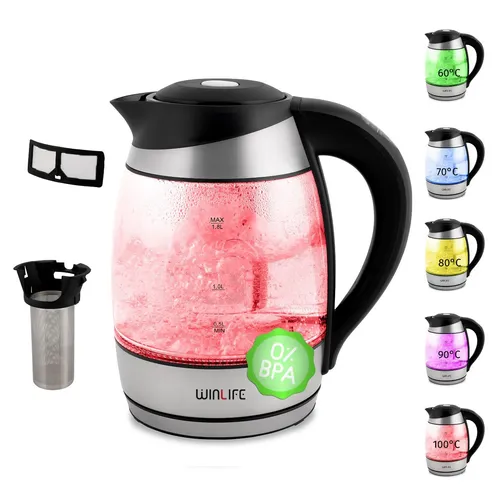 Wasserkocher Glaswasserkocher 1,8L - Edelstahl mit LED-Temperaturanzeige, BPA-frei und Warmhaltefunktion für perfekten Genuss