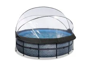 EXIT Stone Pool ø427x122cm mit Sandfilterpumpe und Wärmepumpe - Swimmingpool mit Abdeckung, ideal für große Gärten, ausgestattet mit Sandfilterpumpe und Wärmepumpe für optimale Wasserqualität und angenehme Temperaturen.