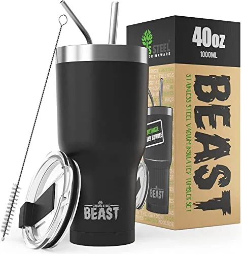 Beast Thermobecher 1050 ml - Matt-schwarz I Mehrweg Thermo Kaffeebecher To Go mit 2 Strohhalmen & Reinigungsbürste I Doppelwandiger Trinkbecher aus Edelstahl I Perfekt für Kaffee oder Eiskaffee
