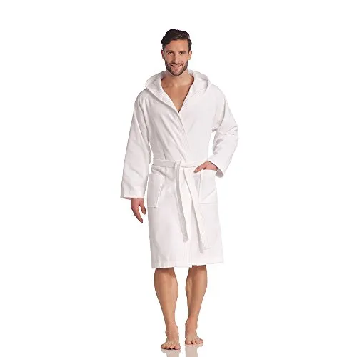 Vossen Unisex-Bademantel Texas, weiß L - Bademantel aus 100% Baumwolle in Kurzform mit Kapuze, ideal für Sauna & Spa, bietet hohen Tragekomfort und ist maschinenwaschbar.