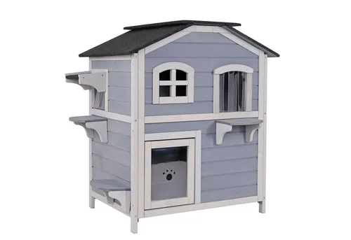 lionto Tierhaus Katzenhaus mit klappbarem Dach, grau-weiß - Tierhäuser für drinnen und draußen, wetterfestes Design aus Tannenholz mit klappbarem Dach für einfache Reinigung und Zugang.