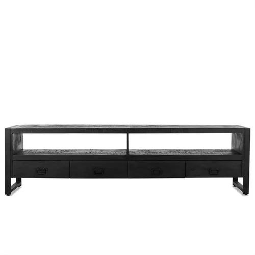 TV-Lowboard Britt aus Mangoholz 220 cm - Schwarz - Modernes TV-Lowboard mit 220 cm Breite aus stabilen Mangoholz und schwarzem Stahl. Bietet großzügigen Stauraum durch vier Schubladen und setzt elegante Akzente in jedem Wohnzimmer.