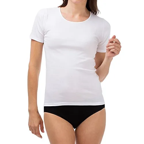 SCHÖLLER Damen Unterhemd Kurzarm 3er Pack - Größe 42 - Weiß - Hochwertige Damen Unterhemden aus 100% Baumwolle in Feinripp-Qualität. Die Shirts bieten hohen Tragekomfort und behalten ihre Form, selbst nach vielen Wäschen. Rundhals-Ausschnitt und eleganter Glanzeinfass für einen femininen Look.