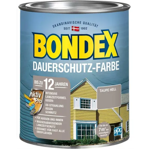 Bondex Dauerschutz Farbe Taupe hell 0,75 L | Wetter- und UV-Schutz bis zu 12 Jahre - Lack für Holz und Metall mit hervorragender Farbstabilität, bietet wetter- und UV-Schutz für drinnen und draußen, ideal für langlebige Renovierungen.