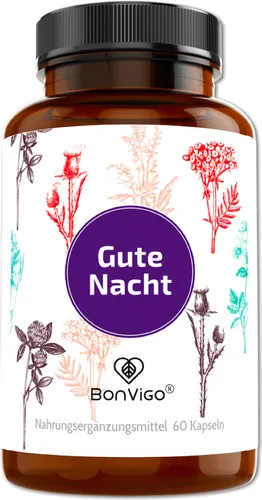 BonVigo® Gute Nacht - Die natürliche Formel - Natur-Komplex mit Ashwagandha Schlaf-Beere, Baldrian, Lavendel, Hopfen, Weißdorn - Tryptophan/Serotonin