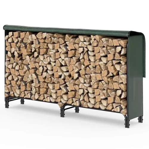 VOUNOT® Kaminholzregal Aussen aus Metall mit wasserdichter Abdeckung - Aschesauger - Wetterresistentes Kaminholzregal mit 200 kg Kapazität und schützender Abdeckung für eine ordentliche Holzlagerung.