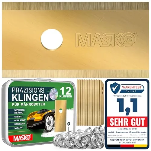 MASKO® Ersatzmesser Klingen für Mähroboter | Rasenmäher Messer universal inkl. innovativen Schrauben | Ersatzklingen Rasenroboter langlebig Titan-Beschichtung Kompatibel mit Worx 12 Stück