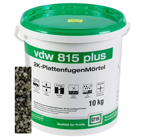 vdw 815 plus 2K-Fugenmörtel 10kg Basalt - Dauerhafte Verfugung - Fugenmörtel für saubere, wasserdurchlässige Pflasterflächen. Selbstverdichtend und fließfähig für eine schnelle und preiswerte Anwendung.