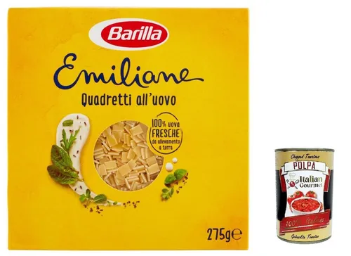 5x Barilla Pasta all' Uovo Le Emiliane Quadretti, Pasta mit Ei 275g+Polpa 400g