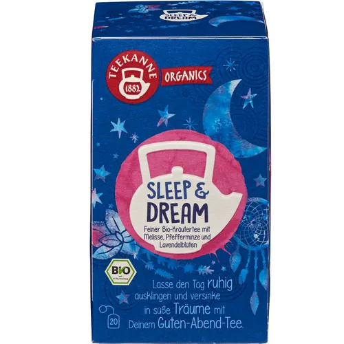Teekanne Tee Organics Sleep und Dream, BIO - Kräutertee mit Melisse und Lavendelblüte für entspannende Nächte. 20 Teebeutel in hochwertiger Aromaschutzumhüllung, 100% Bio-Qualität.