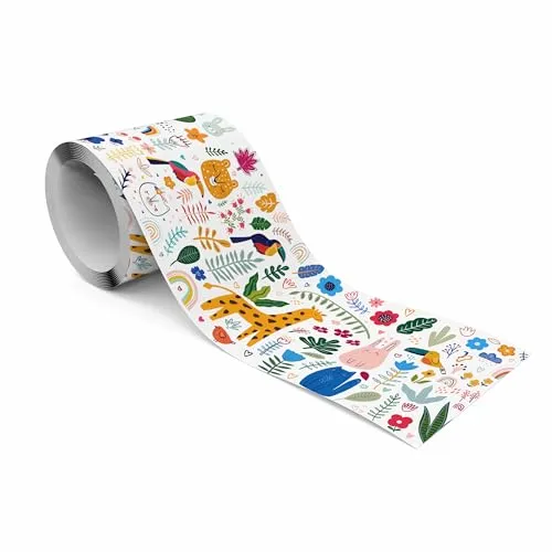 Muralo - Selbstklebende Bordüre - Tapetenbordüre Wandbördure - Dekorative Wandtatto für Wände, Möbel, Decken, Tapeten, Wandverkleidungen, Türen - Bunte Tiere und Pflanzen - Br.10cm x Hö.300cm
