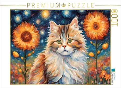 CALVENDO Puzzle Katze gemalt nach Van Gogh mit Blumen | 1000 Teile Lege-Größe 64 x 48 cm Foto-Puzzle für glückliche Stunden