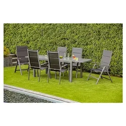 Gartenmöbel-Set Grenada 3, 7-teilig, Ausziehtisch, Klappsessel, Stapelstühle, Textilene, Glas-Keramik-Tischplatte, anthrazit, für 6 Personen