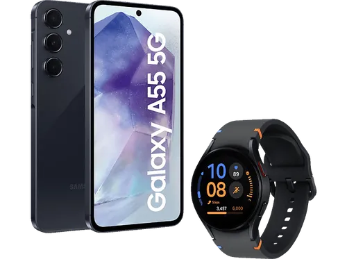 SAMSUNG Galaxy A55 5G + Watch FE 128 GB Awesome Navy Dual SIM - 5G Handy mit 128 GB Speicher und Smartwatch Watch FE, ideal für Technikliebhaber und Nutzer, die immer verbunden bleiben möchten.