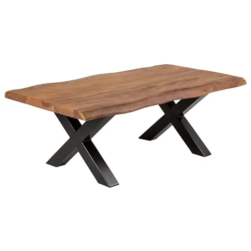 Massiver Baumstamm Couchtisch Mammut 110cm - Akazie Honey Finish - Beistelltische fürs Wohnzimmer, einzigartiger Couchtisch aus massivem Akazienholz mit handgefertigtem schwarzen X-Gestell für ein modernes Industrial Flair.