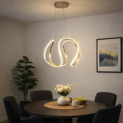 Moderne dimmbare LED Hängeleuchte geschwungen - Hängeleuchte aus Metall in grau und weiß, dimmbar in 3 Stufen, ideal für stilvolle Wohnräume. Inklusive energiesparendem 23W LED Leuchtmittel mit 1840 Lumen warmweißem Licht.
