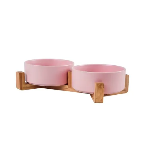 lous Futternapf Keramik Fressnapf mit Bambusständer, 2er Set Pink - Näpfe, stilvolles 2er Set aus Keramik mit praktischem Bambusständer, ideal für das elegante Füttern Ihrer Haustiere.