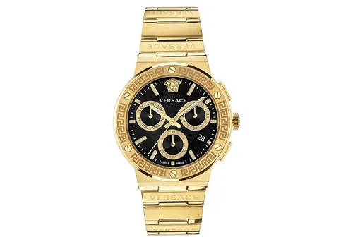 Versace Greca Logo Chronograph 43 mm - Armbanduhr für Herren mit schwarzem Zifferblatt, Saphirglas und wasserdicht bis 50 m – stilvolles Design in Goldton.