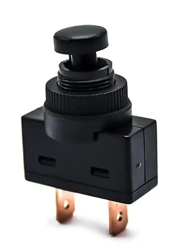 KFZ Taster 20A 12V EIN-AUS Federrücklauf-Zugstift, Lochmontage 12mm, mit Befestigungsmutter, 2 Stellungen AUS/EIN - Der Taster rastet in der EIN-Stellung nicht ein. 2-polig für PKW LKW Boote, ASW-24