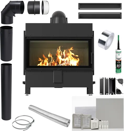 Kamin KRATKI LUCY 16 kW - Elegantes Einbauset in Schwarz - Moderne Kaminlösung mit 16 kW Leistung für Räume von 70 bis 200 m². Effiziente Wärmeverteilung und elegantes Design mit dekorativem Glas. Ideal für stilvolle Wohnräume!