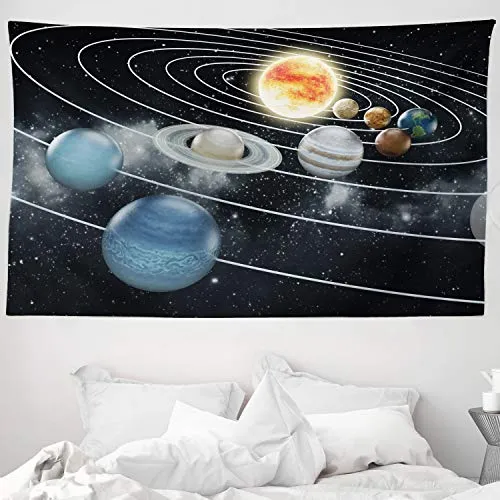 ABAKUHAUS Galaxis Wandteppich und Tagesdecke, Sonnensystem Sonne Planeten aus Weiches Mikrofaser Stoff Waschbar ohne Verblassen Digitaldruck, 230 x 140 cm, Schwarz Grau
