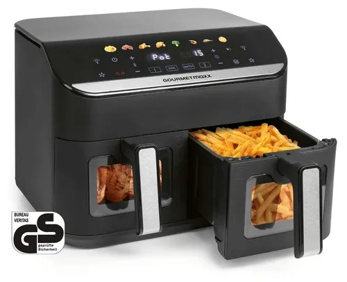 GOURMETmaxx 2-Kammer-Heißluftfritteuse 9L - Kompaktfriteusen mit 2400 Watt, 14 Multi-Colour Touchscreen und Sync-Funktion für gleichzeitiges Frittieren von zwei Speisen – ideal für bis zu 8 Personen!