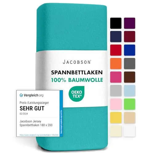Jacobson Jersey Spannbettlaken Spannbetttuch Baumwolle Bettlaken (180x200-200x200 cm, Türkis)