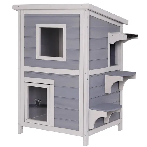 lionto Outdoor Katzenhaus - Wetterfestes Holzhaus für Katzen mit 3 Zugängen - Katzenhöhlen & -häuser: Dieses wetterfeste Katzenhaus bietet Ihrer Samtpfote Spiel- und Ruheplätze auf 2 Etagen mit 3 Zugängen und einem Fenster für besten Ausblick.