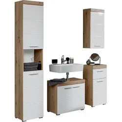 Badmöbel-Set INOSIGN "Avena", weiß (asteiche, weiß hochglanz), Holzwerkstoff, Kunststoff, Metall, Kastenmöbel-Sets, Mit Hochschrank, Waschbeckenunterschrank, Wandschrank und Unterschrank