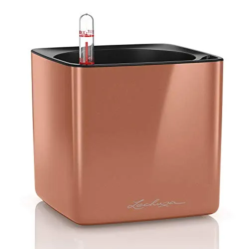 LECHUZA Cube Glossy 14 hochwertiger Pflanzwürfel mit Stick -Bewässerungssystem, Spicy Copper highgloss