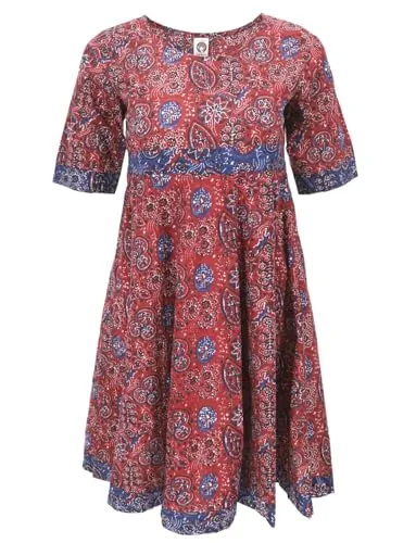 GURU SHOP Boho Minikleid - Rostrot, Damen, Größe L - Freizeitkleider für Damen, elegantes Boho-Design mit handgefertigtem Druck und angenehm zu tragendem Baumwollmaterial, ideal für heiße Sommertage.
