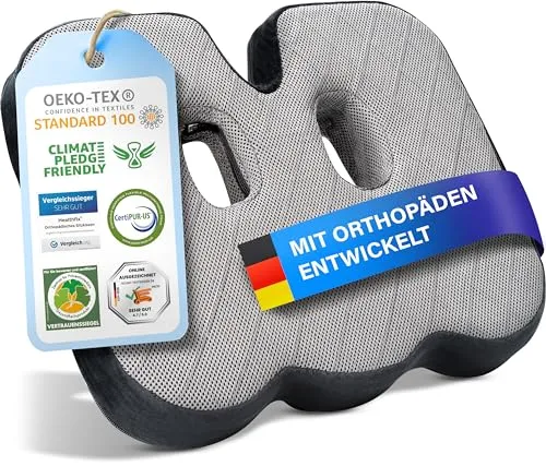 Healthfix® Ergonomisches Sitzkissen aus Memory Foam - Optimales Druckmanagement für Steißbein und Sitzknochen. Ideal für Büro, Auto und Reisen. Der waschbare Bezug sorgt für Luftzirkulation, während die Anti-Rutsch-Noppen sicheren Halt bieten.