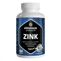 Hochdosierte Zink Tabletten 25 mg - 180 vegane Tabletten für 12 Monate - Zinkpräparate: 25 mg elementares Zink pro Tagesdosis, ideal für das Immunsystem und die Haut. Vegan, ohne Zusatzstoffe, optimale Bioverfügbarkeit, Made in Germany.