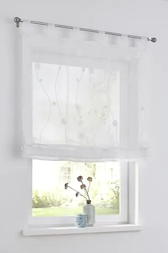 Nelly weiß Raffrollo mit Schlaufen modern Bestickt Raffgardine halbtransparent, Polyester pflegeleicht in der Größe 45 x 140 cm