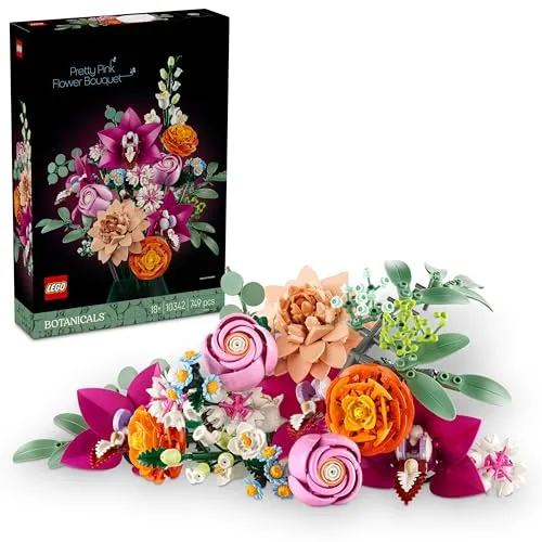 LEGO ICONS Schöner Rosafarbener Blumenstrauß 10342 - LEGO Botanicals Bauset für kreative Erwachsene, 15 anpassbare Kunstblumen in lebhaften Farben, ideal als langlebige Deko oder Geschenk für Naturfreunde.