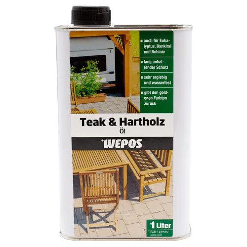 Wepos Teak- und Hartholz Öl 1 Liter – Pflege für Ihre Möbel - Hochwertiges Teak- und Hartholz Öl von Wepos in 1 Liter. Ideal für die Pflege und den Schutz Ihrer geölten Hartholzoberflächen. Perfekt für Möbel, Gartengarnituren und mehr.