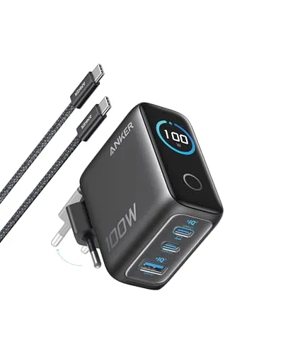 Anker 100W USB C Ladegerät – Kompaktes 3-Port GaN Wandladegerät mit Smart Display - Erleben Sie kraftvolles Laden mit 100W über alle USB-C-Ports. Das kompakte Design und das hochauflösende Smart Display bieten Kontrolle und Komfort für unterwegs. Ideal für Geräte wie MacBook und iPhone.